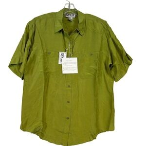 NWT Vintage Womens Lime Green Washable Silk Short Sleeve Button Up Shirt Retro L